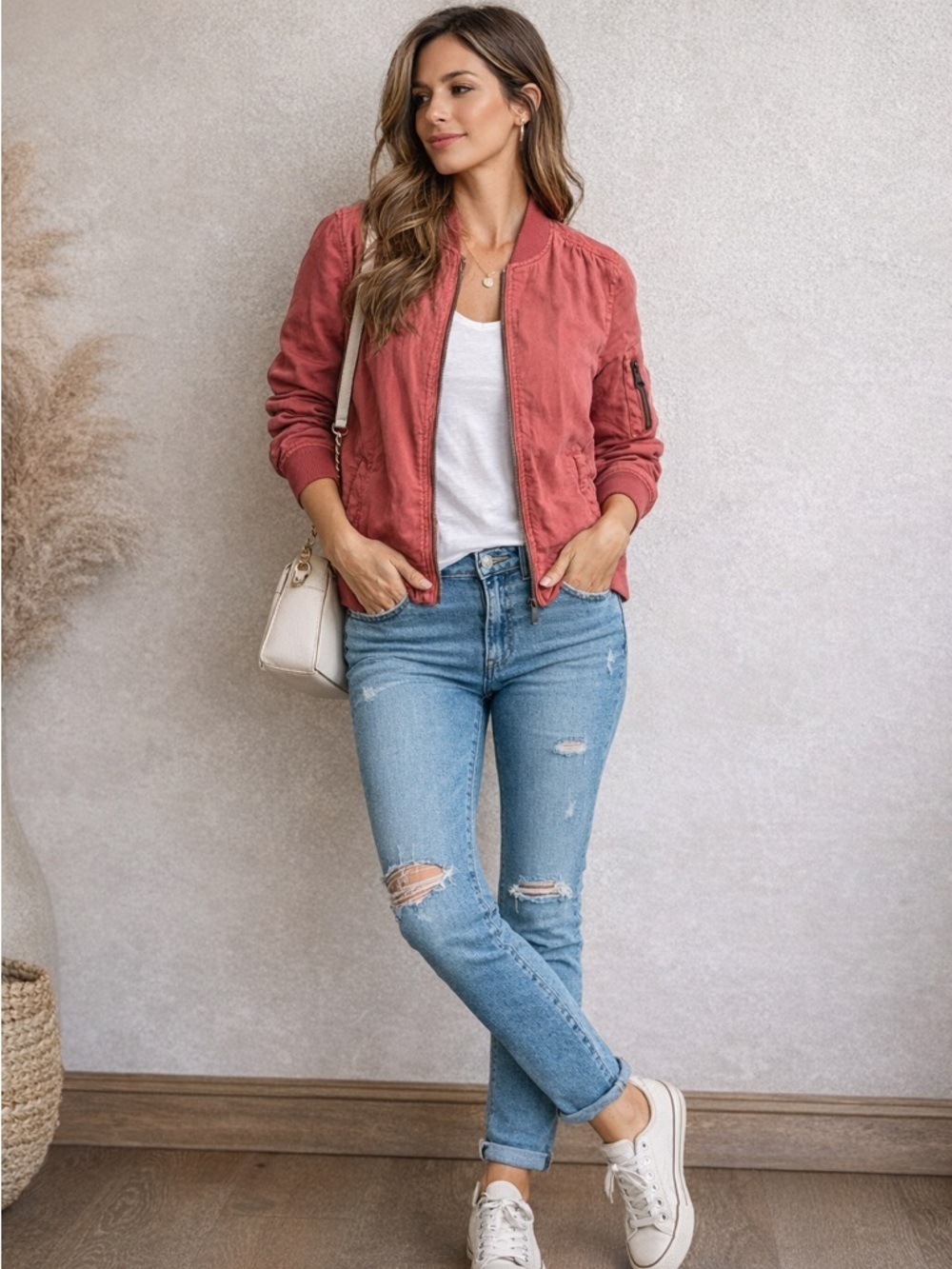 Dear John Red Bomber Jacket Lightweight Zip Up Casual Chic Size S